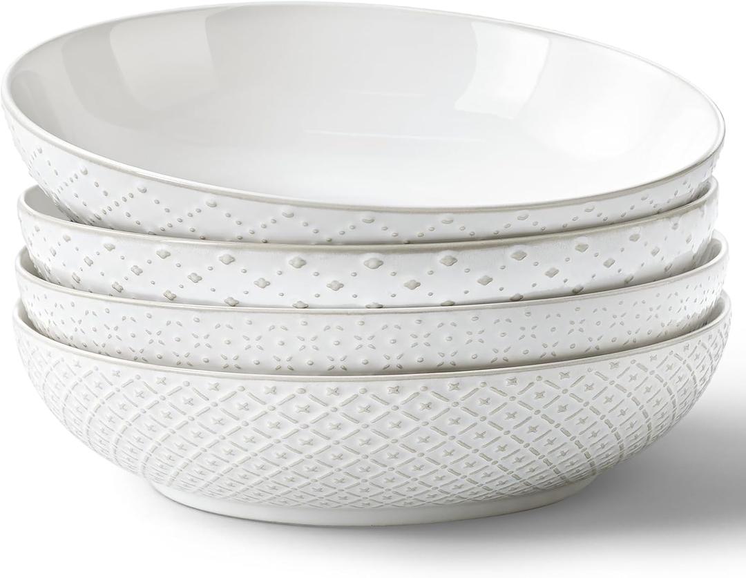 Y YHY Large Pasta Bowls, 45 oz Embossed Salad Bowls for Serving Soup, Noodle, Dessert, Dinner, Kitchen Deep Plates, 9.75" Porcelain Shallow Bowls, Soft White Dishes for House-warming Wedding Present