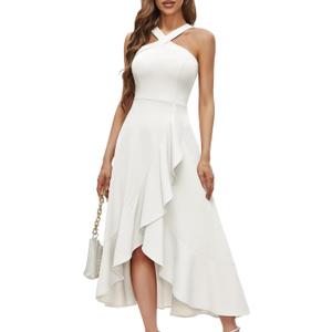 Bbonlinedress Women White Wedding Cocktail Halter Prom Dress Bride Bridal Shower Summer Beach Ruffled Maxi Hi-lo Dress White L