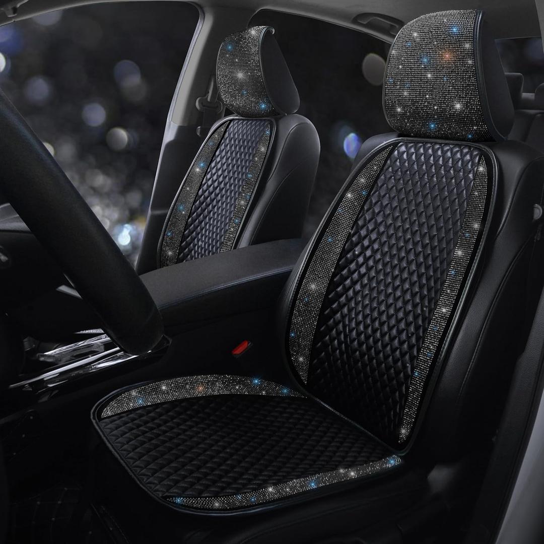 Luxury PU Leather Auto Seat Cover Protector Rhinestone Crystal Glitter Vehicles Front Seat Pad Mat Bling Bling Diamond Car Interior Accessories for Women, Lady - Universal Fit Black 2Seats