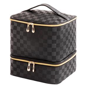 Portable Nail Polish Organizer Bag with UV Light Case - Holds 30 Bottles and 1 UV Nail Lamp, Double-Layers Nail Dryer Case for Gel Nail Polish Kit, Nail Art DecorationsCheckered Black