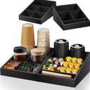 Coffee Station Organizer Coffee Condiment Service Tray with 9 Compartment for Counter, Wood Coffee Bar Supplies Organizer for Home Office Breakroom Two-in-One Black