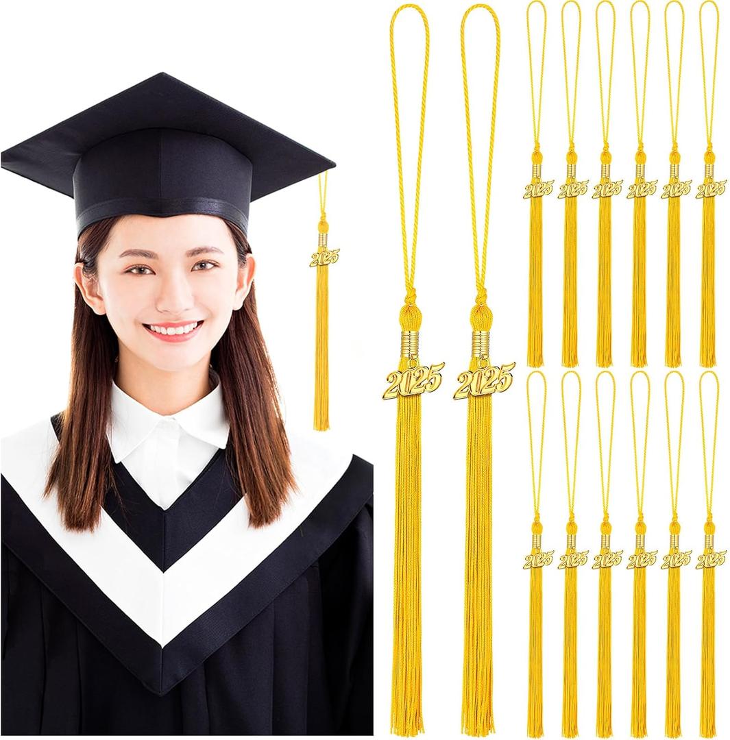 Yaomiao 14 Pieces 2025 Year Charm Graduation Tassel Academic Graduation Hat Tassel with Decoration for Graduates Ceremonies Parties Accessories (Gold)