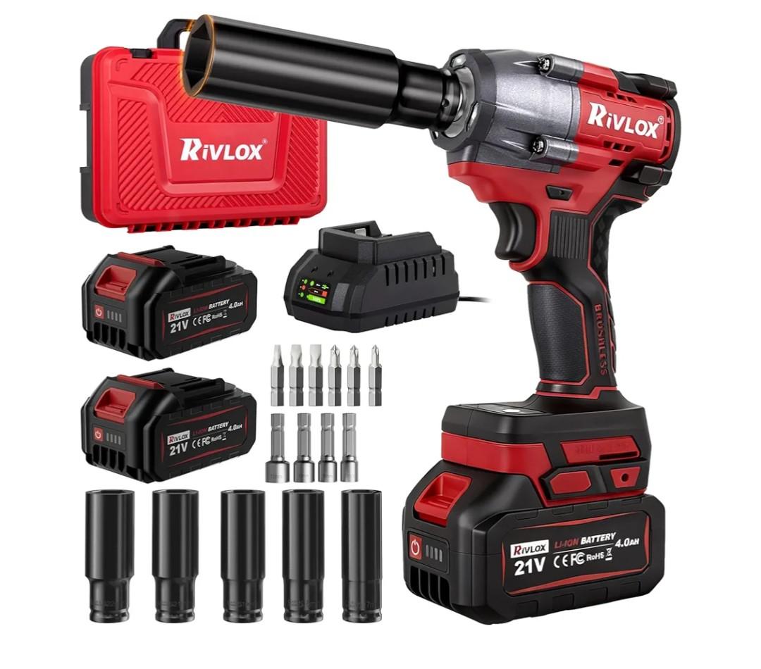 Cordless Impact Wrench1/2 Inch, 600N. M/450Ft-lbs Power Impact Gun Kit, High Torque Electric Impact Driver for Car RV Tire,LED Light,4.0Ah Battery,Car/DIY Furniture/Home,Power tools,Red Toolbox