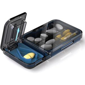 Travel Pill Organizer with Pill Cutter Splitter, 4 Compartments Pill Case, Small Pill Box for Pocket Purse, Daily Pill Container to Hold Vitamins Cod Liver Oil Supplements, Medicine Planner (Black)