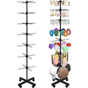 Retail Display Stand 7-Tier Rotating Jewelry Display for Vendors, Movable Shop Spinner Rack with 140 Metal Hooks, Earring Keychain Stand for Retail Store Craft Fair-Black