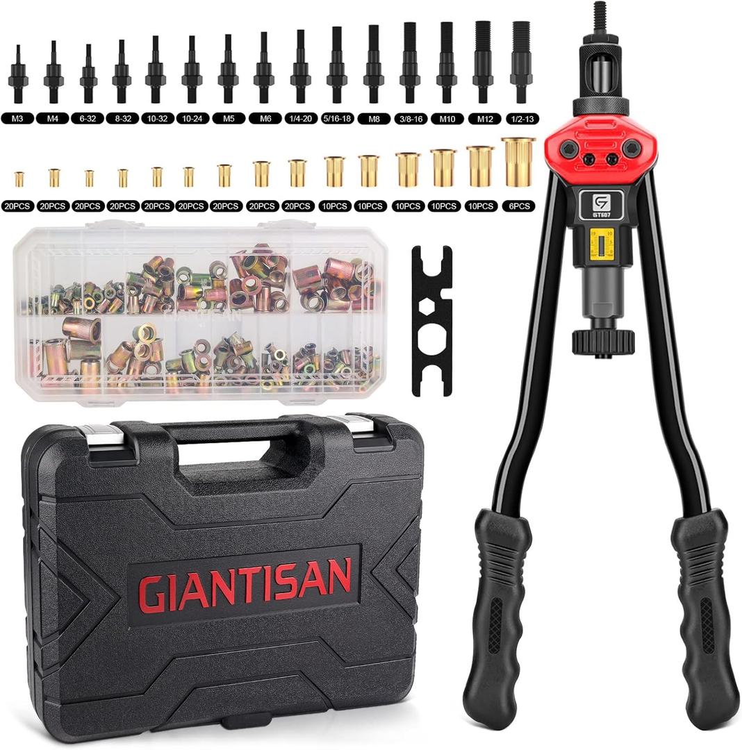 Rivet Nut Tool, GIANTISAN 16-inch Rivnut Tool Kit with 15 SAE & Metric Mandrels, 236pcs Rivnut Assortment Kit and Rugged Carrying Case