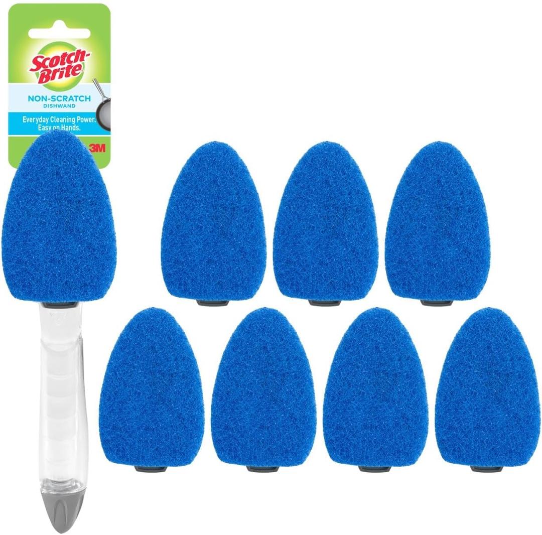 Scotch-Brite Non-Scratch Dishwand Kit, Includes 1 Wand & 8 Refill Pads, Keep Hands Out of the Mess, Blue