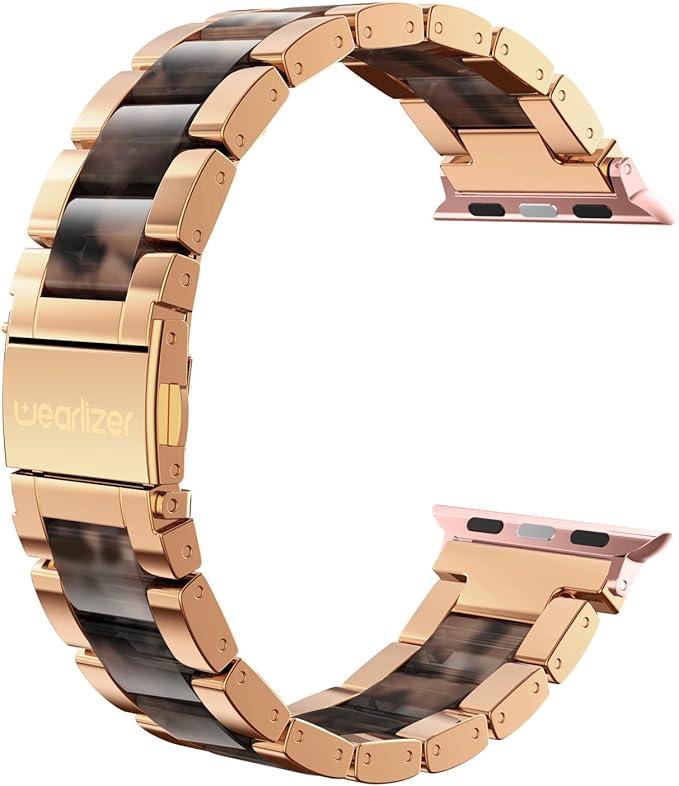 Wearlizer Compatible with Apple Watch Bands 42/44/45/46/49mm Wristband Womens Mens， Stainless Steel Fashion Resin Strap iWatch Series 11 10 9 8 7 6 5 4 3 SE/Ultra 3 2 1Dark Rose Gold+Tortoise