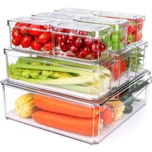 10 Pack Refrigerator Pantry Organizer Bins, Stackable Fridge Organizer Bins with Lids, Clear Plastic Food Storage Bins for Kitchen, Countertops, Cabinets, Fridge, Drinks, Fruits, Vegetable, Cereals