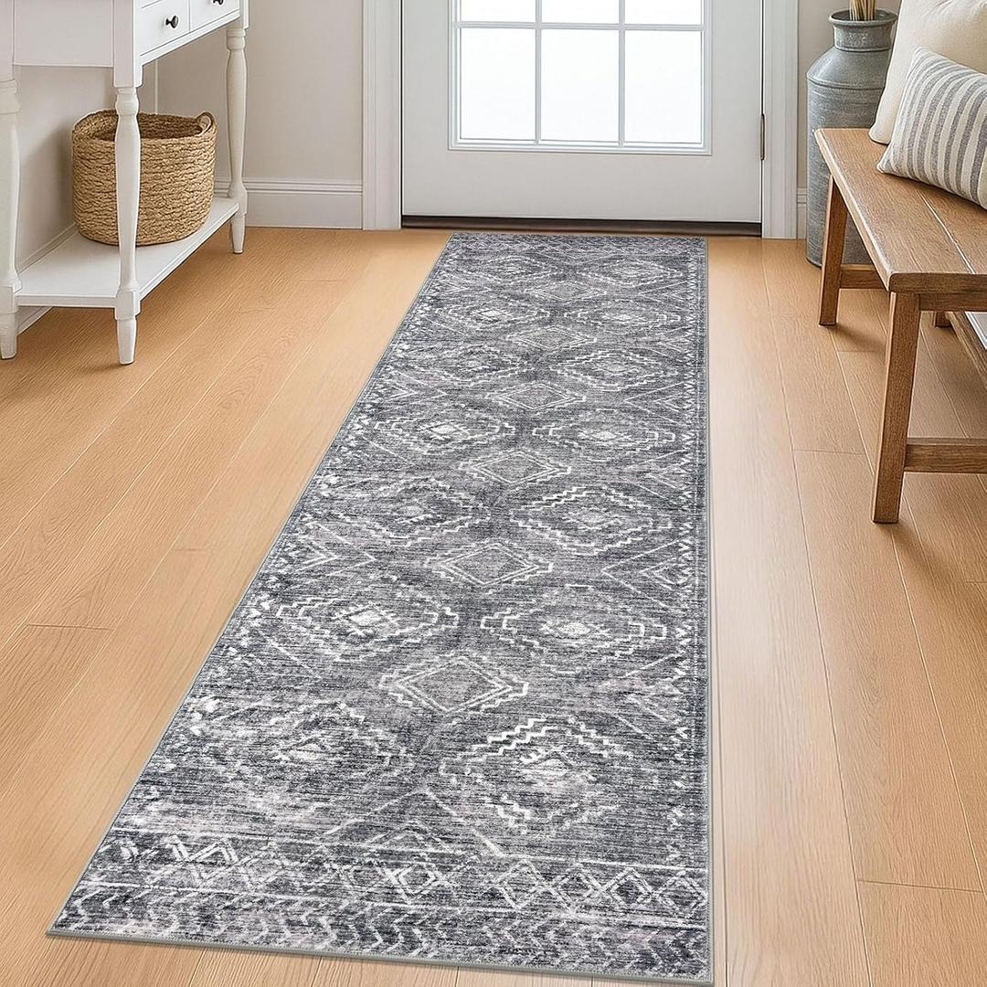 KILOCOCO Boho Kitchen Runner Rug 2x6 Washable Runner Rug Soft Runners for Hallways Non Slip Printed Distressed Laundry Room Rugs, Low-Pile Runners for Entryway Bedroom Living Room, Grey