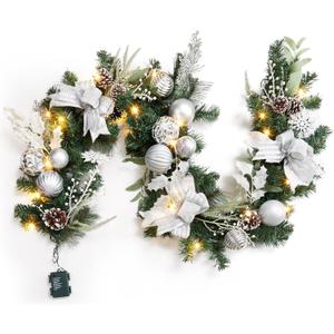 6ft Lighted Christmas Garland, Battery Operated Christmas Garland with 20 LED Lights Silver White Ball Ornaments Pine Cones Bow for Fireplace Mantle Stair Railing Outdoor Indoor Decorations