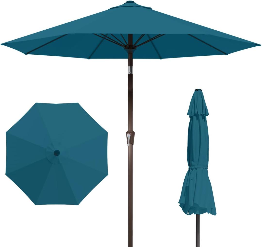 9FT Patio Umbrella Outdoor Table Umbrella w/Push Button Tilt and Crank, 8 Sturdy Ribs, UV Resistant Waterproof Market Umbrella for Pool, Deck, Backyard, Garden, Lake Blue