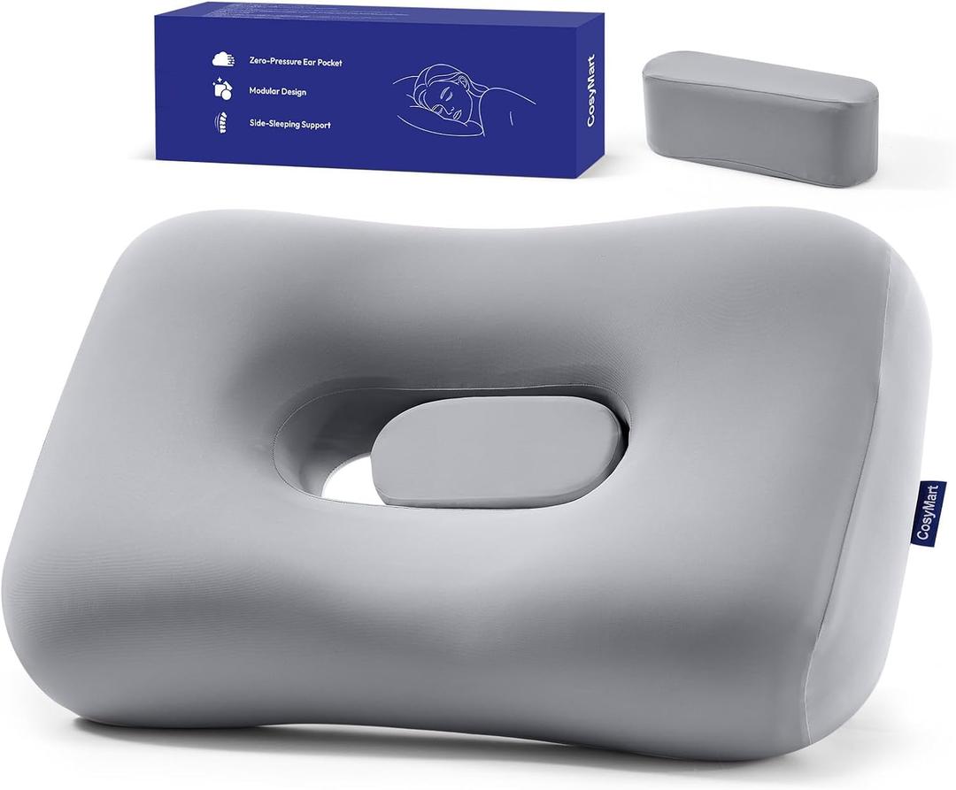 Adjustable Ear Pillow for Side Sleepers - 2-in-1 Modular Design, 60D Memory Foam Neck Support Pillow, Firm Cervical Support for CNH & Ear Piercing Relief, Washable Cooling Cover (Gray)
