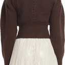 Women's Puff Short Sleeve Sweater V-Neck Button Knit Tops Crochet Soft Knitwear (Brown, L)