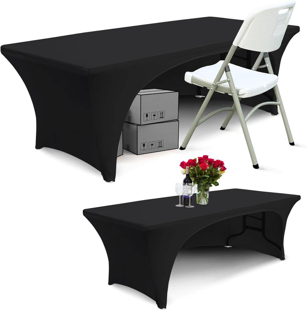 ABCCANOPY 2PCS 6 ft Spandex Table Cover Open Back Fitted Polyester Tablecloth Stretch Washable Tablecover Table Toppers Black