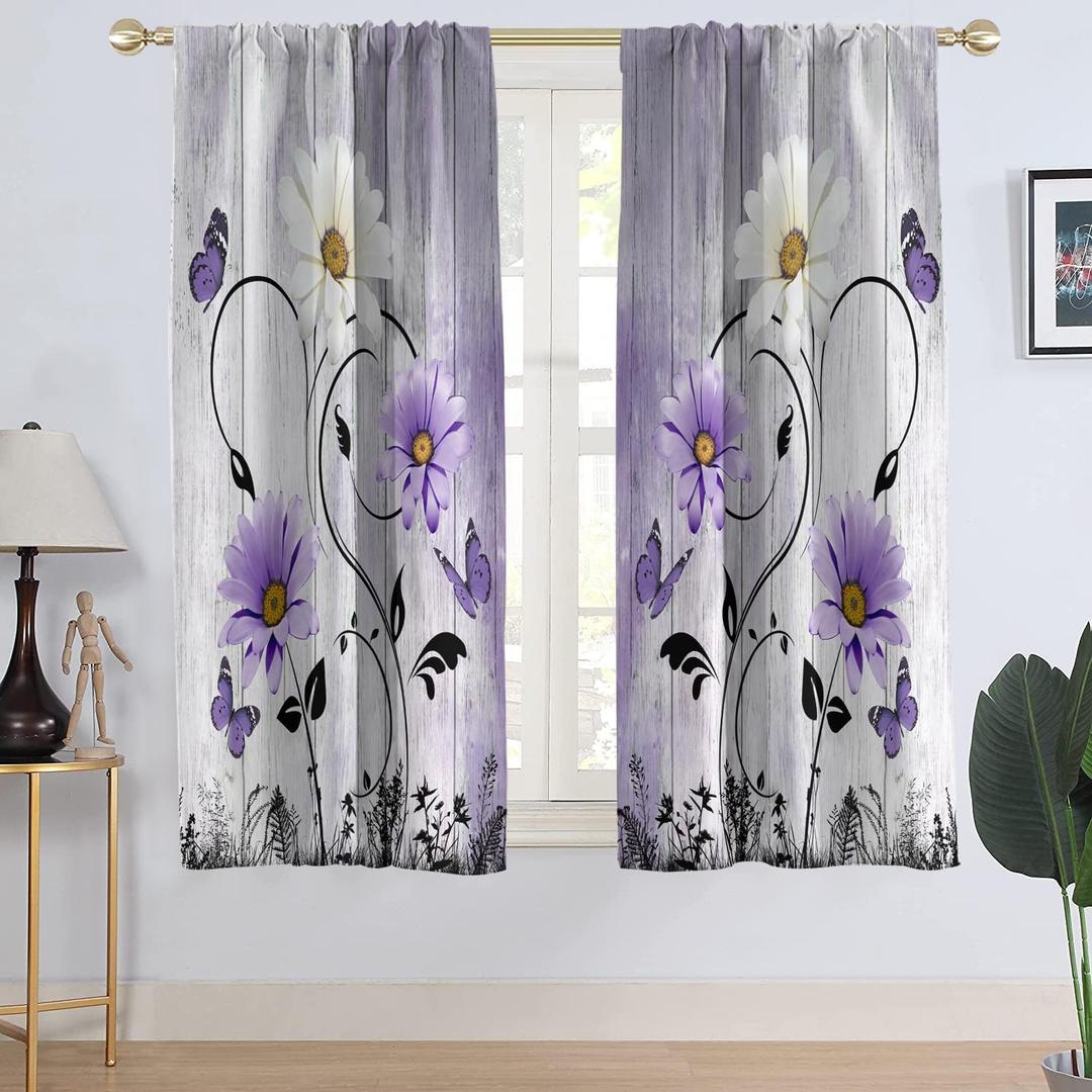 AAtter Purple Floral Window Curtain Lavender Lilac Rustic Flowers Country Butterfly White Daisy Abstract Black Leaves Living Room Bedroom Window Drapes Treatment Fabric 1 Pair, 42" W x 63" L, Wooden