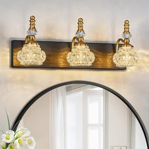 Modern Glass Crystal Vanity Light - Vintage Bathroom Lighting Fixtures Over Mirror, 3 Light Vanity Lights G9 Bulb (19.68 Inch, Black Gold)