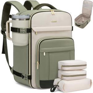 LOVEVOOK 40L Travel Backpack for Women & Men - 17.3 Inch Carry On Backpack & Personal Item Backpack for Airlines, Spacious and Durable Design, with 3 Packing Cubes (Large-40L-4Pcs, Light Green-Beige-Olive Green)