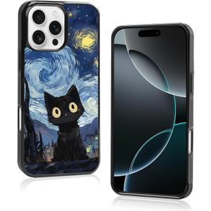 Black Cute Starnight Cat Phone Case, Van Gogh Cute Cat Pattern iPhone 16 Pro Max Case, Non-Slip Design and Shock Absorption, Phone Case for Teen Girls, Boys, Women and Men (16 PM)