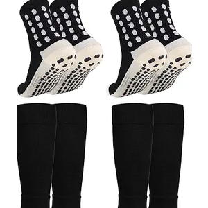 2 Set Kids Grip Soccer Socks with Shin Guard Sleeves, Anti-Slip for Ages 7-14 Youth Boys Football Basketball Training, Medium Black