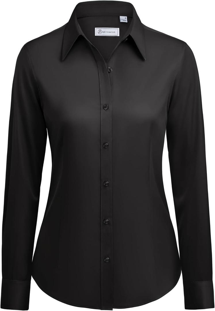 siliteelon Button Down Shirts for Women: Wrinkle Free Long Sleeve Classic Fit Collared Dress Shirt Solid Formal Office (Medium, Black)