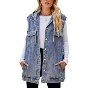 Anzber Women's Denim Vest Sleeveless Button Denim Jacket (Large, Blue With Cap)