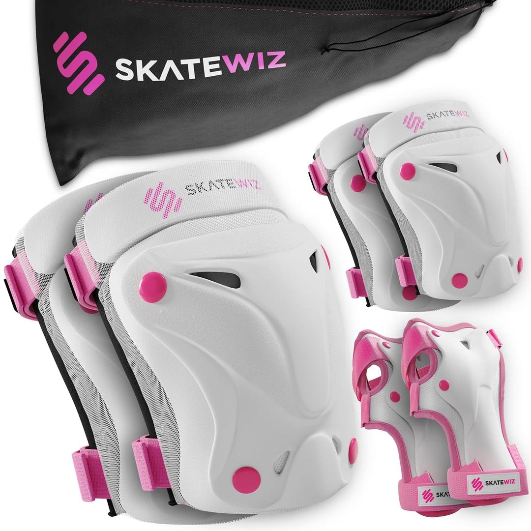 SKATEWIZ Knee and Elbow Pads Adult - Skating Protective Gear - PROTECT-1 - Size L Pink White - Wrist Guards Skating Pads, Skateboard, Roller Skate, Ice Skates For Women