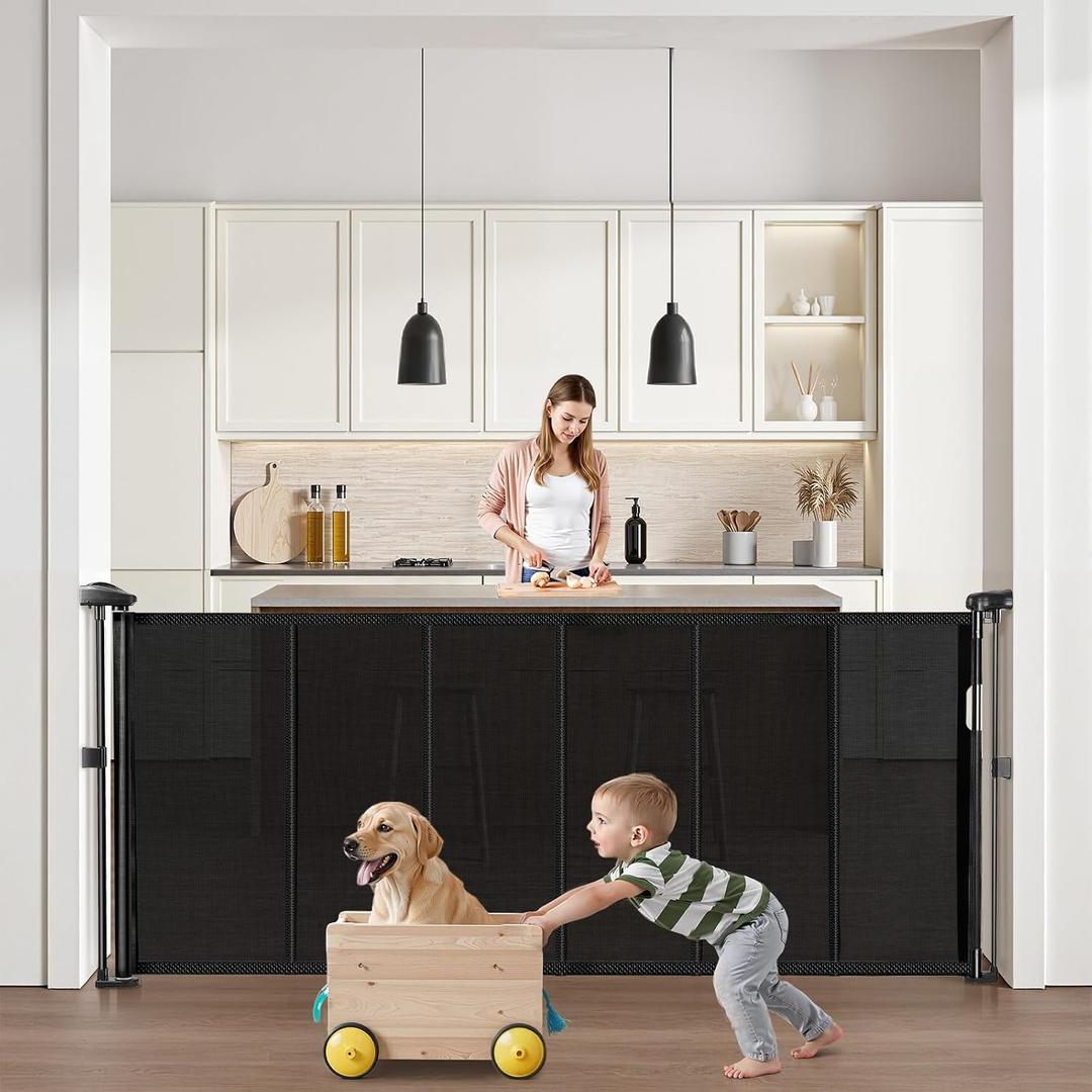 VEVOR Retractable Baby Gate, 34 inch Tall, Extends up to 71 inch Wide, Retractable Gate for Kids or Pets, Mesh Material, Easy to Install for Indoor Stairs, Doorways, Hallways, Playrooms, Black
