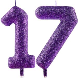 Glitter Purple Birthday Candles,Number 17 Candle,Happy 17th Birthday Candles for Girls Cake Topper Decor,2.36inch Number Candle Party Celebration Anniversary Decoration