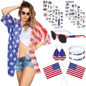 4th of July Outfits for Women with American Flag Kimono Cover up and Accessories for Independence Day Celebration, Medium