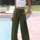 Duyang Womens Cotton Linen Palazzo Pants Drawstring Elastic Waist Casual Wide Leg Trousers with Pockets (Green), Large