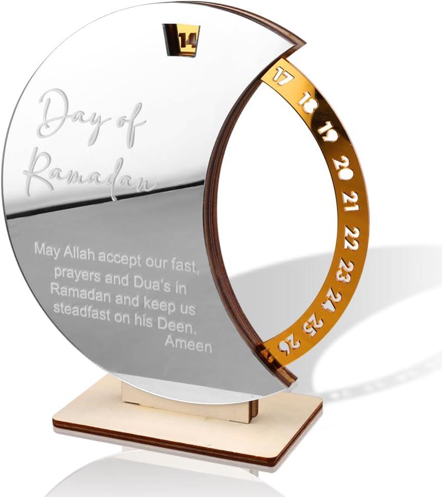 Rotatable Ramadan Advent Calendar Eid Mubarak Countdown Calendars Wooden Acrylic Round Ramadan Calendar Muslim Festival Reminder Desktop Decor Islamic Decorations for Home Islam Kareem Party Supplies (Silver)
