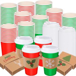 Jingmore 50 Pack 16 oz Christmas Disposable Coffee Cups with Lids and Sleeves Merry Christmas Paper Coffee Cups Red and Green Drinking Cup for Beverage Cold Hot Drinks Holiday