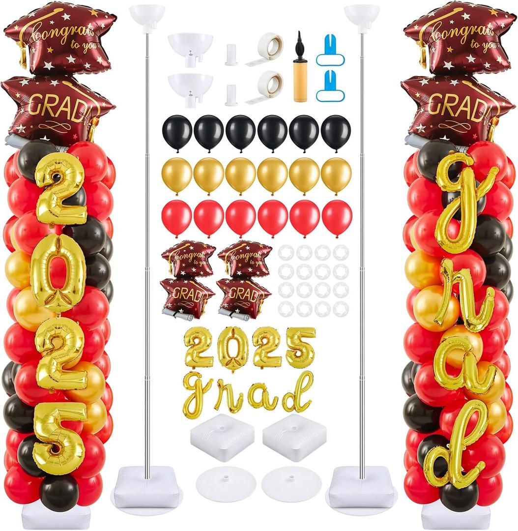 Gejoy 2 Sets Graduation Balloon Column Stand Kit with 154 Pcs Grad Theme Latex Balloons 6.5 ft Adjustable Metal Tube and 2025 Grad Letters for Graduation Party Decoration(Red)