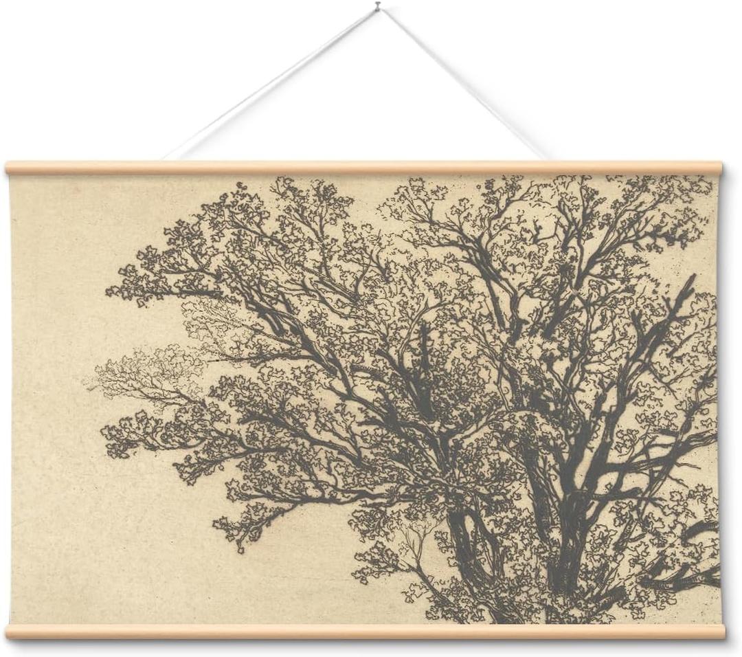 VIYYIEA Extra Large Canvas Wall Art 36x54 Inch Vintage Tree Sketch Landscape Hanging Scroll, Rustic Nature Wall Decor Oversized Artwork for Living Room Bedroom Above Sofa