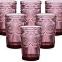 Vintage Glassware Drinking Glasses Set of 6,13 oz Purple Textured Flower Design Glass Water TumblersEmbossed Striped Drinkware for Water,Cocktails,Juice,Iced Coffee