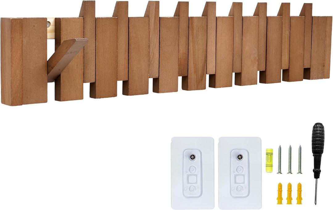 MYOYAY Wall Piano Coat Rack Wall Mounted Coat Hanger with 10 Hooks Piano Wooden Coats Hooks for Entryway Decor Flip-Down Hook Rack for Coats Bags Hats Umbrella Art Space Saving