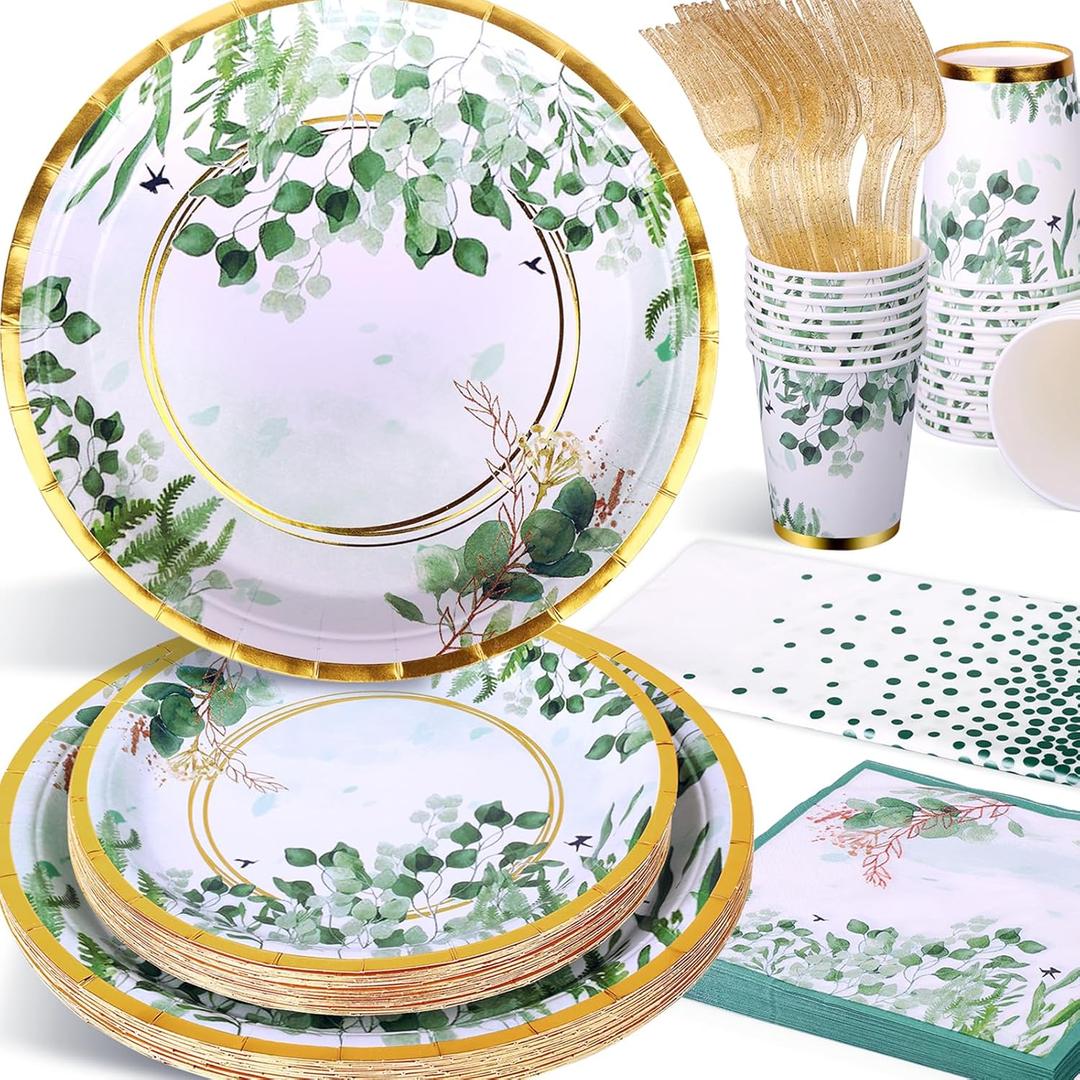 Sage Green Party Decoration, 126PCS Sage-Green Plates and Napkins Party Supplies, Spring Greenery Eucalyptus Leaves Disposable Dinnerware Decor for Wedding, Birthday