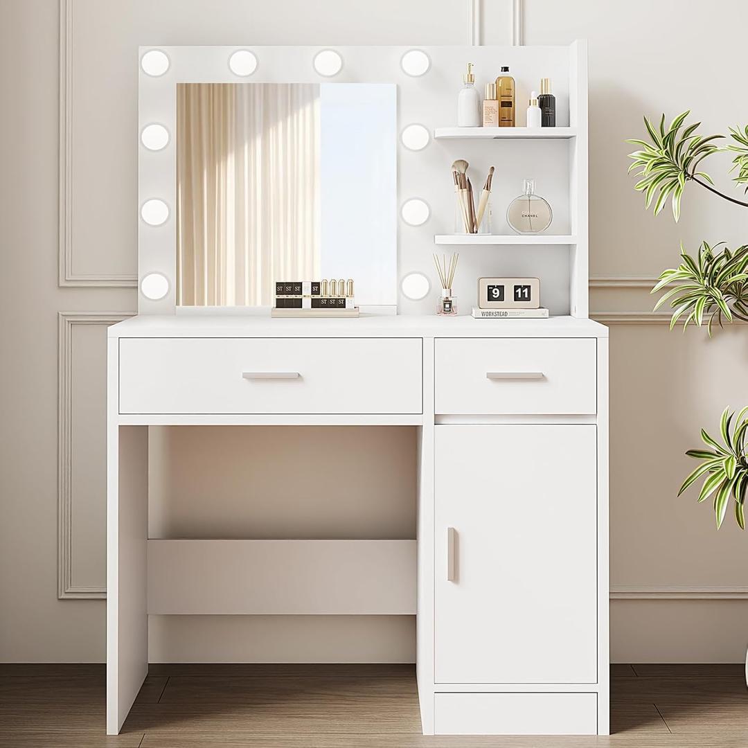 Lighted Makeup Vanity Desk, 35.4W x 15.7'D x 54H, White (with Lights and Mirror, Dimming Function, 2 Drawers and 1 Cabiniet, Open Shelves) by Boahaus
