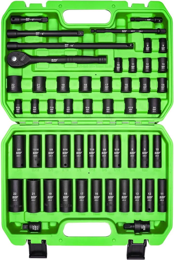 SUNHZMCKP 3/8" Drive Impact Socket Set, 52 Piece Standard SAE (5/16-3/4 inch) and Metric (8-22mm) Shallow & Deep 6 Point Sockets, 3/8-In Ratchet Handle, Extension Bars, Adapters, Universal Joint, CR-V