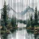 Green Misty Forest Shower Curtain Mountain Foggy Pine Trees Landscape Watercolor Jungle Plant Rustic Nature Scenery Lake Fabric Bathroom Curtain Set with Hook