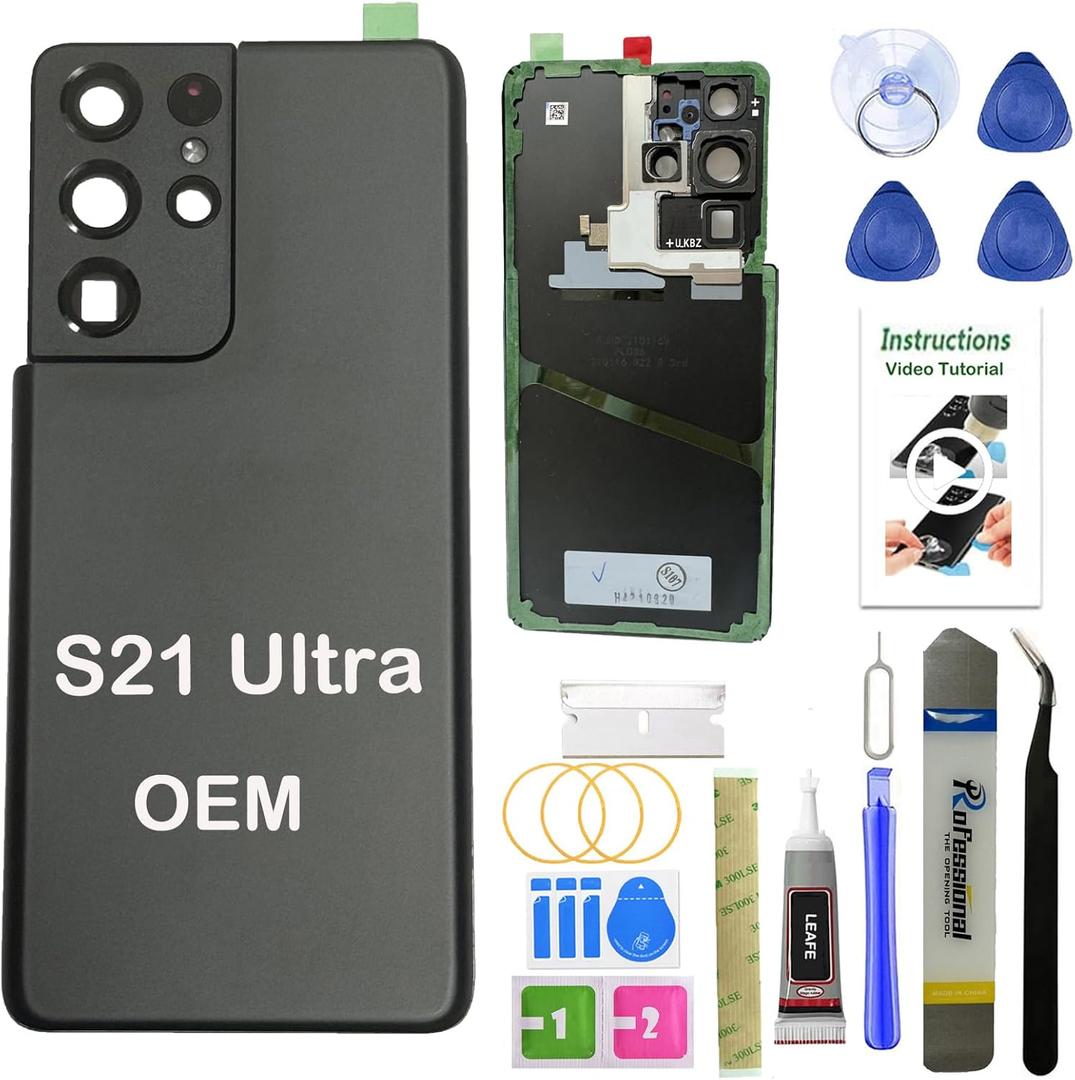 LEAFE for Samsung Galaxy S21 Ultra Back Glass Replacement,OEM Original Back Cover Replacement for Samsung Galaxy S21 Ultra 5G (6.8 inchs) with Repari Tools and Pre-Installed Adhesive (Phantom Black)
