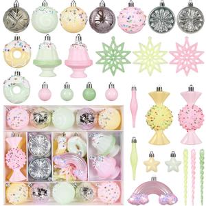 RoseCraft Christmas Ball Ornaments Set, 45 Pack Macaroon Colorful Pastel Candy Shatterproof Christmas Tree Hanging Candyland Decorations, for Home Holiday Xmas Party Decor