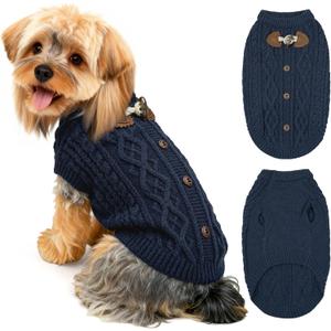 WOYYHO Small Dog Sweater for Dogs Girl Boy, Pet Sweaters Cable Knit Pullover with Cow Horn Button, Winter Knitted Clothes Warm Round Neck for Puppy Chihuahua Yorkie Dachshund Outfit, Navy Blue S