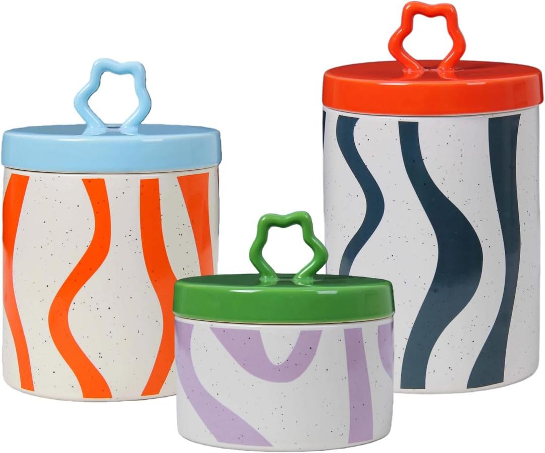 Cookie Jars with Lids, Set of 3 Ceramic Gingerbread Cookie Storage Containers for Holiday Decor, Coffee, Tea, Candy, Spice & Cereal Jar for Kitchen Countertop, Dishwasher Safe
