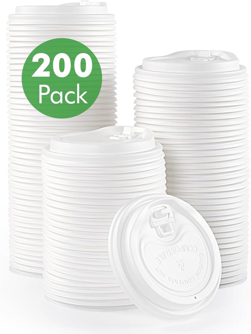 ECOLipak 100% Compostable Coffee Cup Lids 200 Count3.54 inch Disposable CPLA Cup Lid Suitable for 10 oz, 12 oz, 16 oz, and 20 oz Paper Cups, White