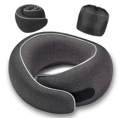 Optixion Travel Neck Pillow for Airplanes, Premium Memory Foam Neck Pillow with Ergonomic 360° Support, Travel Essentials for Plane, Car, Train and Home, Max Black