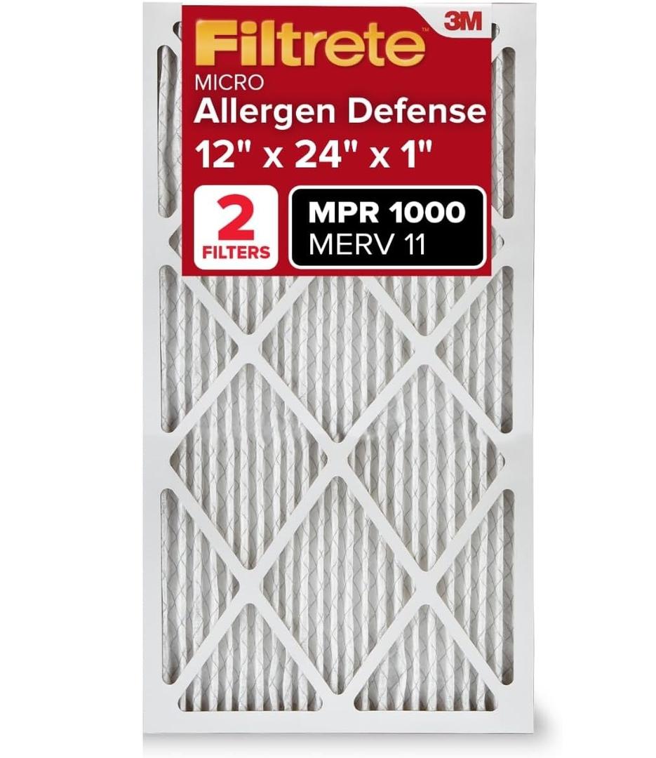 Filtrete 12x24x1 AC Furnace Air Filter, MERV 11, MPR 1000, Micro Allergen Defense, 3-Month Pleated 1-Inch Electrostatic Air Cleaning Filter, 1 Pack (Actual Size 11.719x23.72x0.85 in)