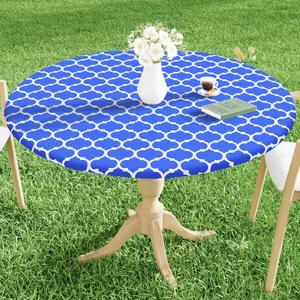 Smiry Round Picnic Tablecloth, Waterproof Elastic Fitted Table Covers for 36" - 44" Tables, Wipeable Flannel Backed Vinyl Tablecloths for Camping, Indoor, Outdoor, Blue & White