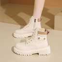 Women's Round Toe Leather High-Top Lace-Up Ankle Boots With Thick Sole And Non-Slip Side Zipper Suitable For Dating, Shopping, And Walking (White) 4.5
